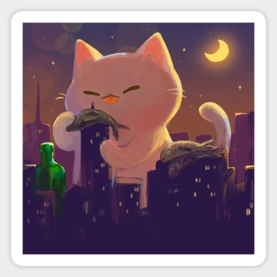 Cat Godzilla City Night Sticker